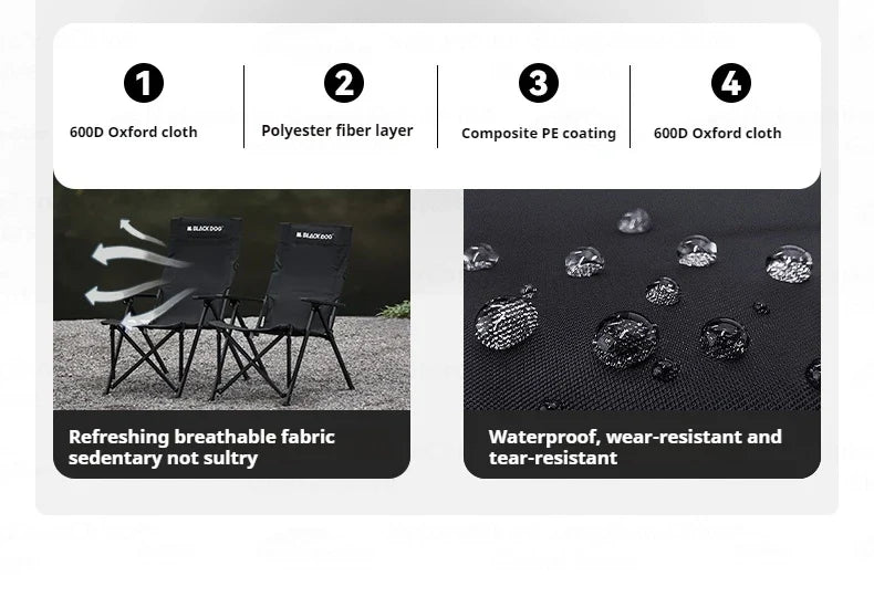 BLACKDOG High Back Folding Recliner Portable Lounger Chair High Backrest Load Bearing 120kg Carbon Steel Wood Armchair 4 Adjustable Camping Seat