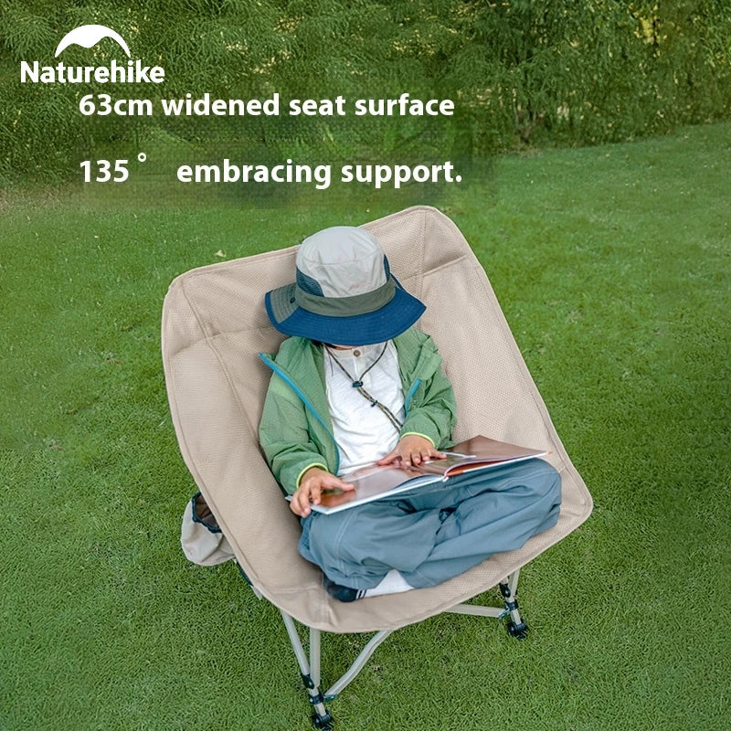 Naturehike T04 Camping Moon Chair Portable Lightweight Comfortable Folding Chair 64cm Wide Seat With Side Pocket 107T High Load Bearing 150kg Outdoor