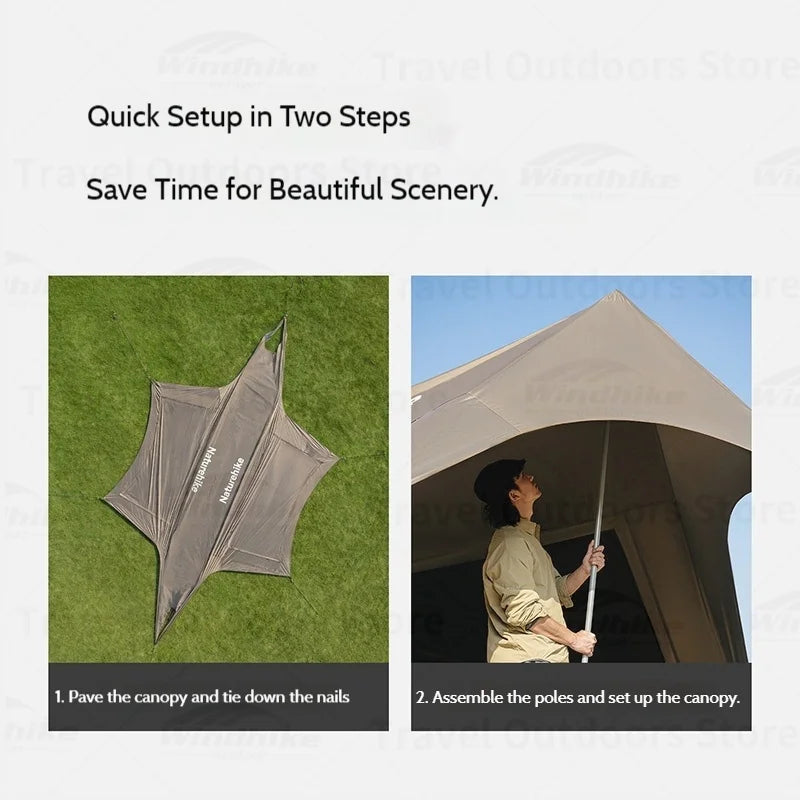 Naturehike Rope-Free Canopy Tarp Waterproof Awning Sun Shelter 150D Titanium Black Outdoor Camping Large Space Hexagonal