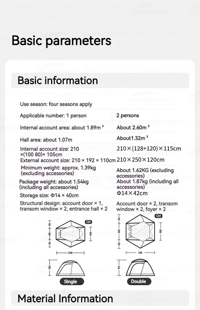 Naturehike JIM'S GEAR Series Hiking Tent Portable Ultralight Backpacking Tent 3 Bar Cross Structure 4 Seasons Tent 1-2 Persons 15D Nylon Waterproof
