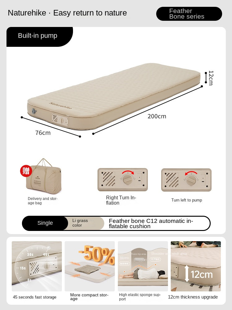 Naturehike FEATHER BONE C12 Inflatable Sleeping Pad Cushion Foam Queen Size Mattress Bed Mat Portable Storage Built-in Air Inflate Deflate Pump