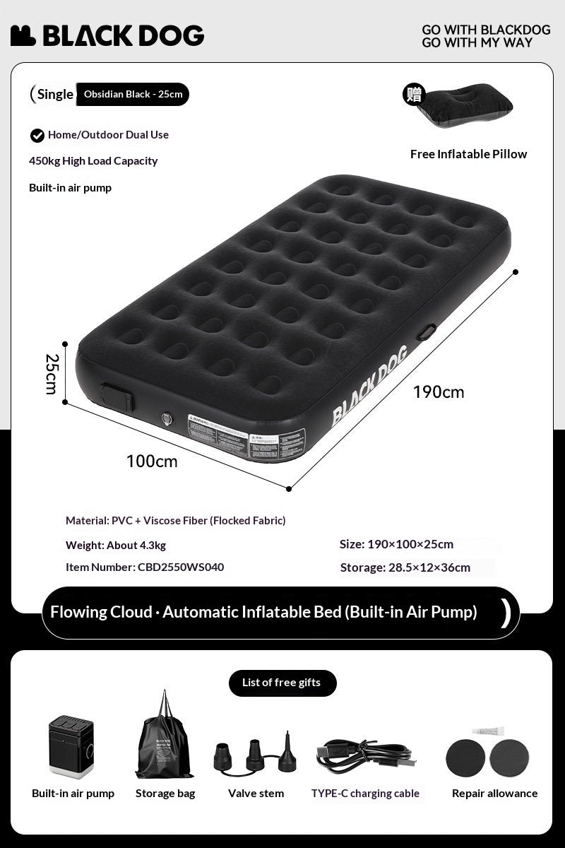 Blackdog CLOUD NEST Automatic Air Inflatable Bed Sleeping Pad 1-2 Persons Camping Home Use Single Queen Size Mattress Built-in Electric USB Charging Air Pump Lamp