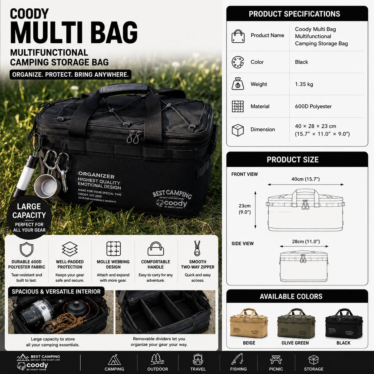 Coody MULTI BAG Portable Multifunctional Camping Storage Bag Heavy Duty Padded Organizer Removable Divider MOLLE Outdoor Gear Equipment Case
