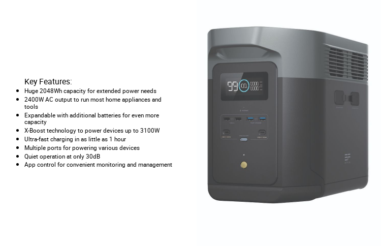 Ecoflow Delta 2 Max Power Station Portable Home Battery Backup Charging 80% In 1.1 Hours 2400W Up To 3400W With X-Boost Energy Storage