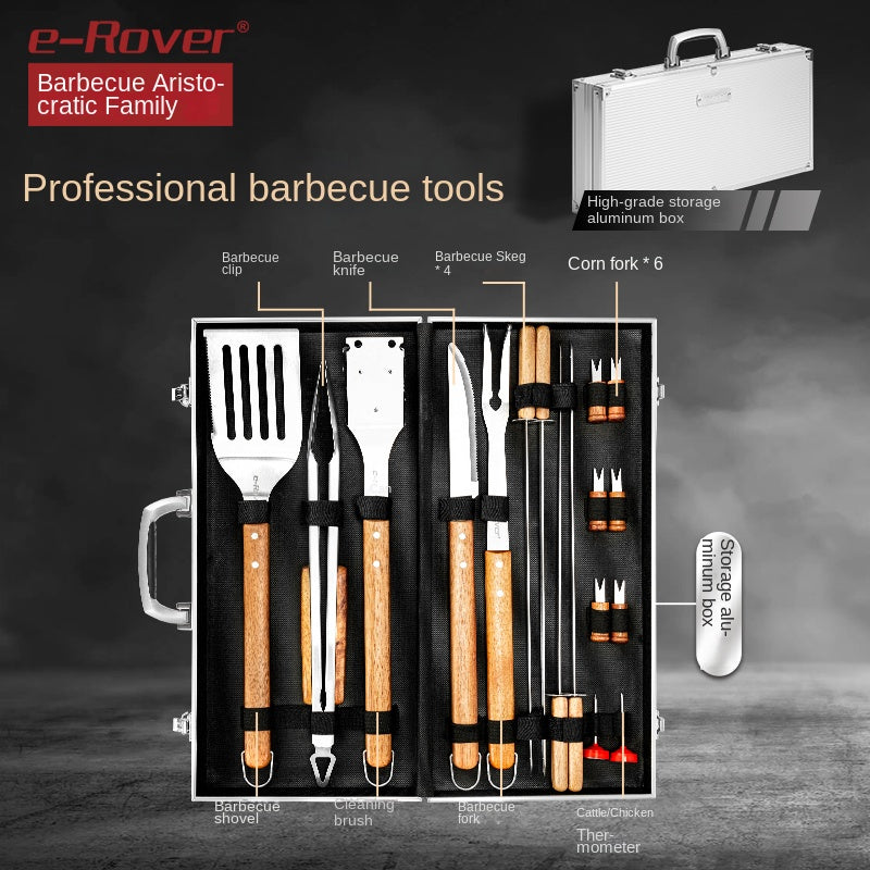 Redfox E-Rover 18pcs BBQ Tool Set Portable Lightweight Multifunctional Barbecue Grill Utensil Spatula Tong Clip Skewer Knife With Elegant Case Outdoor Camping Cooking Accessories Set