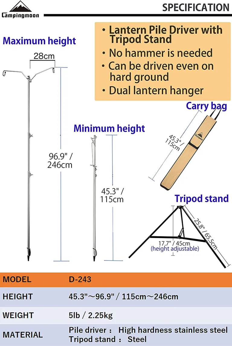 CAMPINGMOON D-240 / D-243 Stainless Steel Dual Lamp Post Camping Lantern Light Pole Adjustable Height 15kg Max Load Original with Optional Tripod