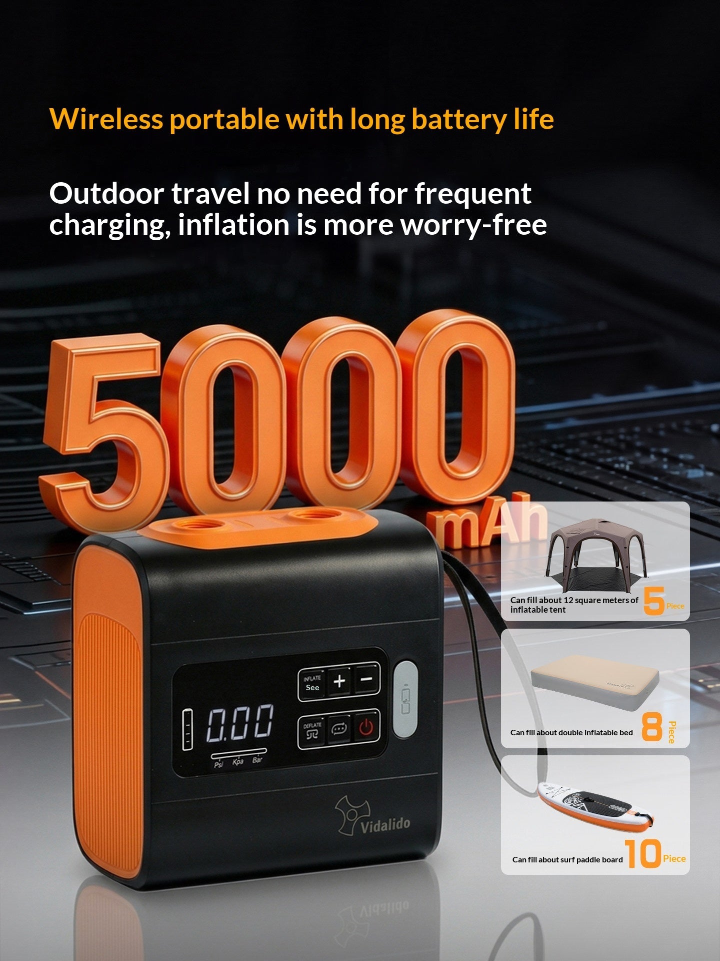Vidalido Smart High Pressure Air Pump Portable Automatic Inflation & Deflation Electric Air Pump Fast Charging 5000mAh Battery Outdoor Camping