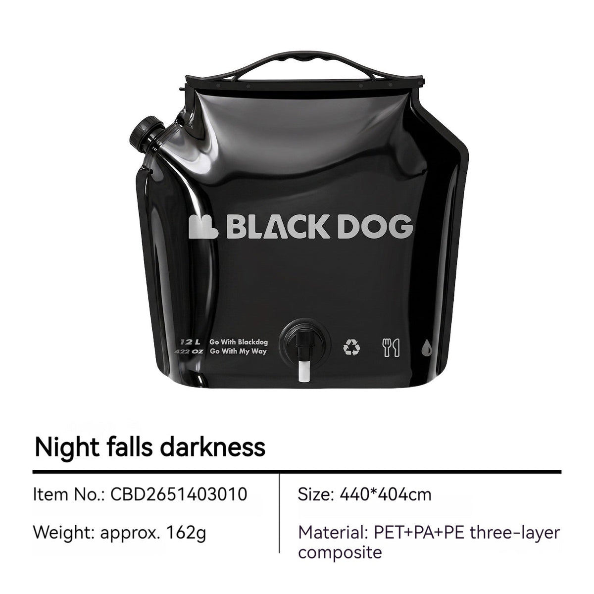 Blackdog LIGHT SPRING 12L Water Bag Portable Black Outdoor Camping Storage Bladder Bag With Faucet