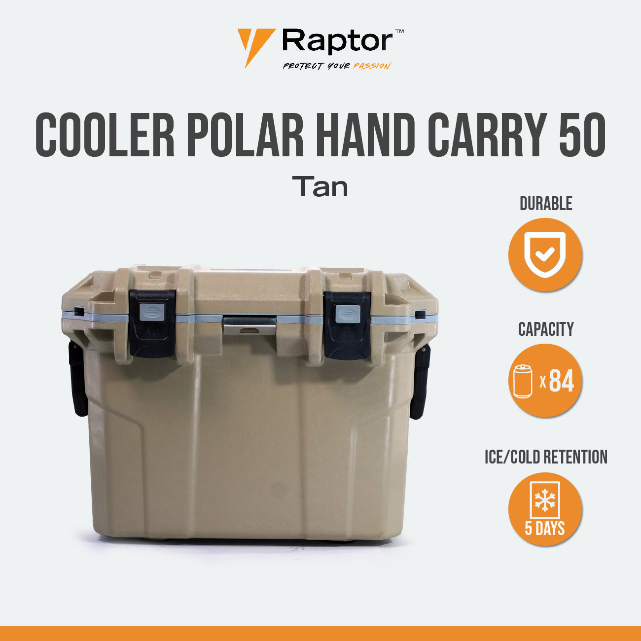 Raptor POLAR Series Cooler Hand Carry Multipurpose 50L Capacity Cold Storage Ice Box Food Container Chest Sloped Drain with Secure Plug Non-Skid Rubber Feet