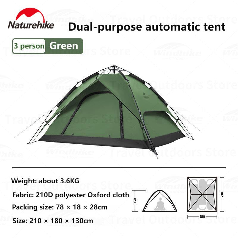 Naturehike Automatic Pop Up Camping Tent Fast Quick Build 3 and 4 Person Dome Style 210D Polyester Waterproof 3000mm Instant Auto Outdoor Shelter Nature Hike Original Heavy Duty