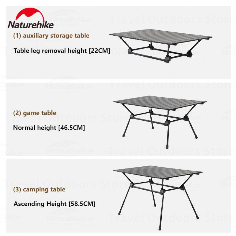 Naturehike FT12 Black Aluminum Egg Roll Camping Portable Folding Table 3 Level Height Adjustable up to 30kg Max Load Foldable Lifting Table