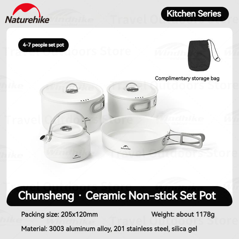 Naturehike Ceramic Non-Stick Set Of Pots And Frying Pans Portable Tableware  Stackable Cookware Folding Handle Stainless Steel Aluminum Alloy