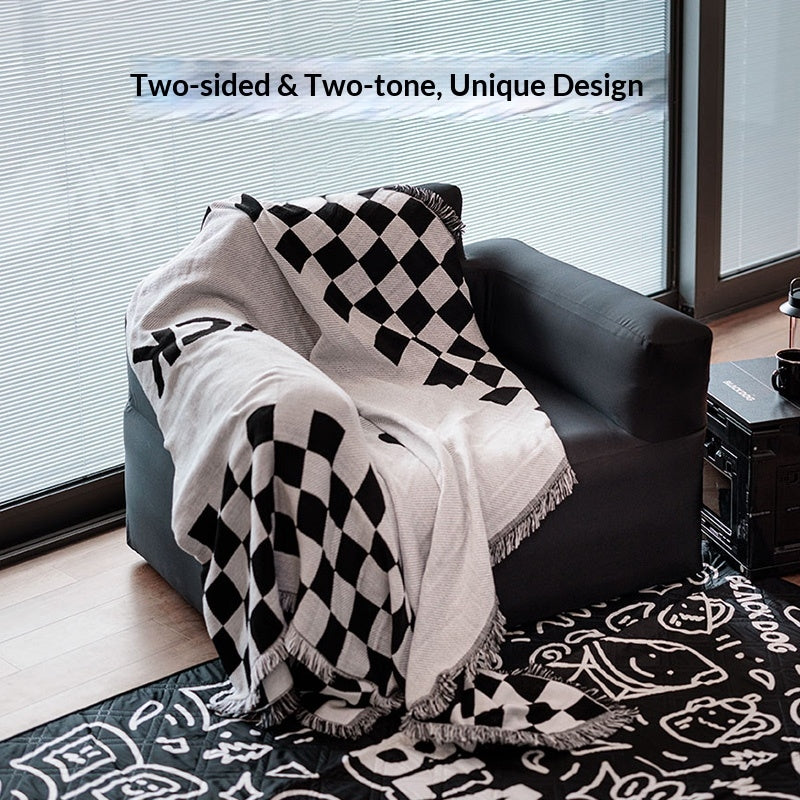Blackdog TRENDY Knit Tassel Sleeping Blanket Dual-Tone and Dual-Face Checkered Pattern Comfortable Skin-Friendly Tassel Design Bed Sheet Outdoor