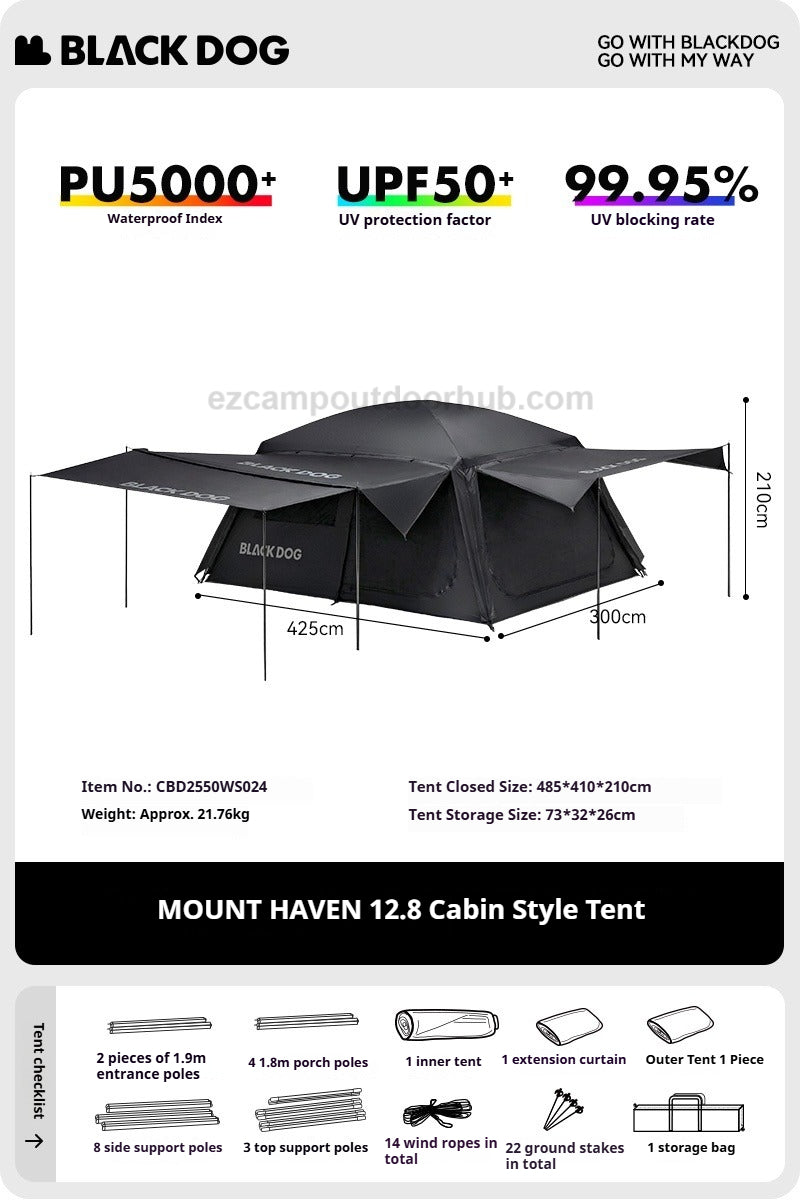 Blackdog MOUNT HAVEN 12.8 Cabin Style Tent 6-8 Person Ridge Tent Extra Large Space Up To 35m² Use Space 2 Bedroom Black Vinyl Coated Sunscreen Camping
