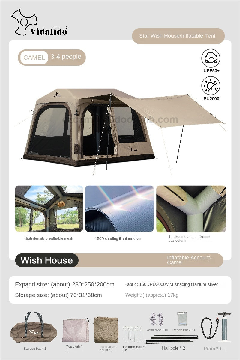 Vidalido WISH HOUSE 7.0 Air Inflatable Tent Fast Build 3-4 Person Ti Silver Coated Sunscreen PVC Air Poles Full View Mesh Waterproof 13m² Usable Space