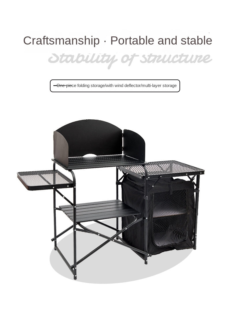 Mountainhiker Black Mobile Kitchen Table Portable Foldable Multipurpose One Piece Folding Outdoor Kitchen Camping Multi-layer Storage With Built-in Wind Deflector