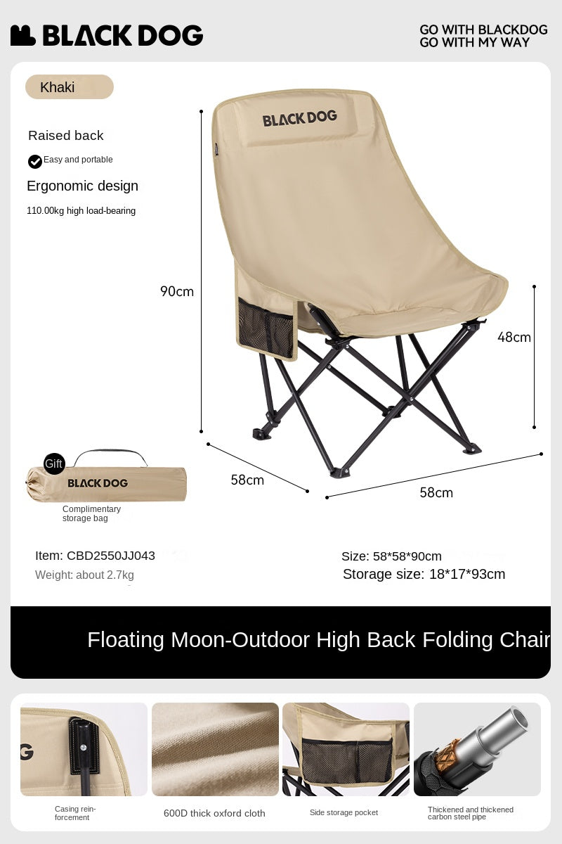 BLACKDOG Floating Moon High Back Chair Portable Foldable Black Raised Back Camping Hiking Travel Chair With Pockets Load Capacity Up To 110 kg