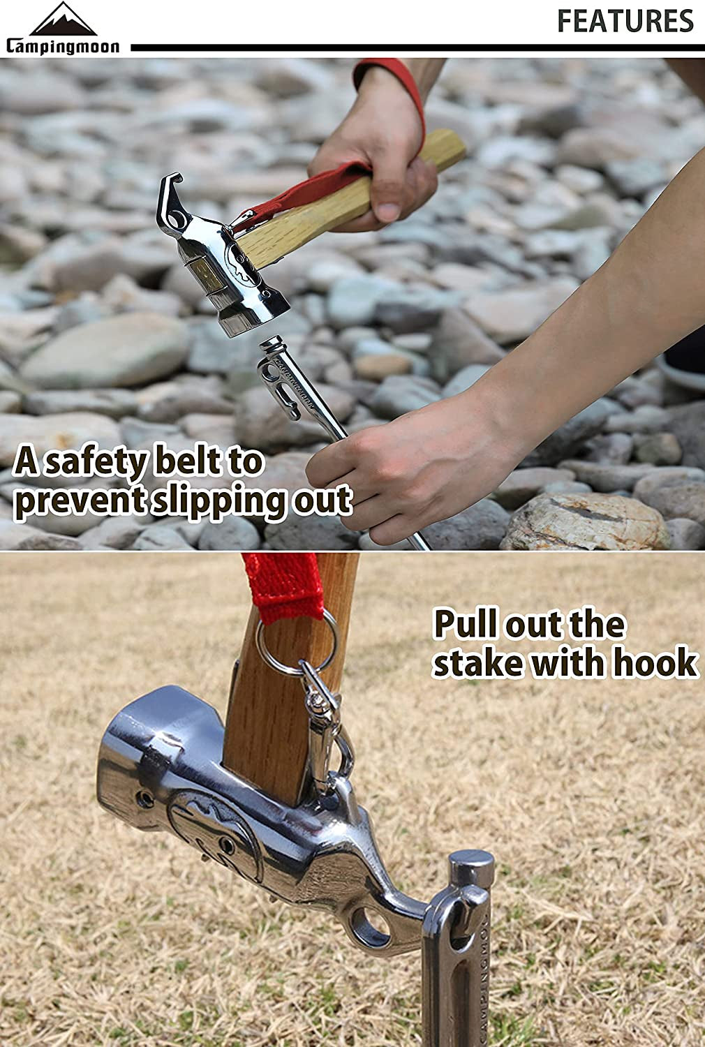 CAMPINGMOON Stainless Steel Camping Hammer Portable Lightweight Multipurpose Peg Stakes Ground Nail Hammer Tent Survial Tool Wooden Wood Mallet Outdoor Camping Hiking Travel Heavy Duty Camping Moon