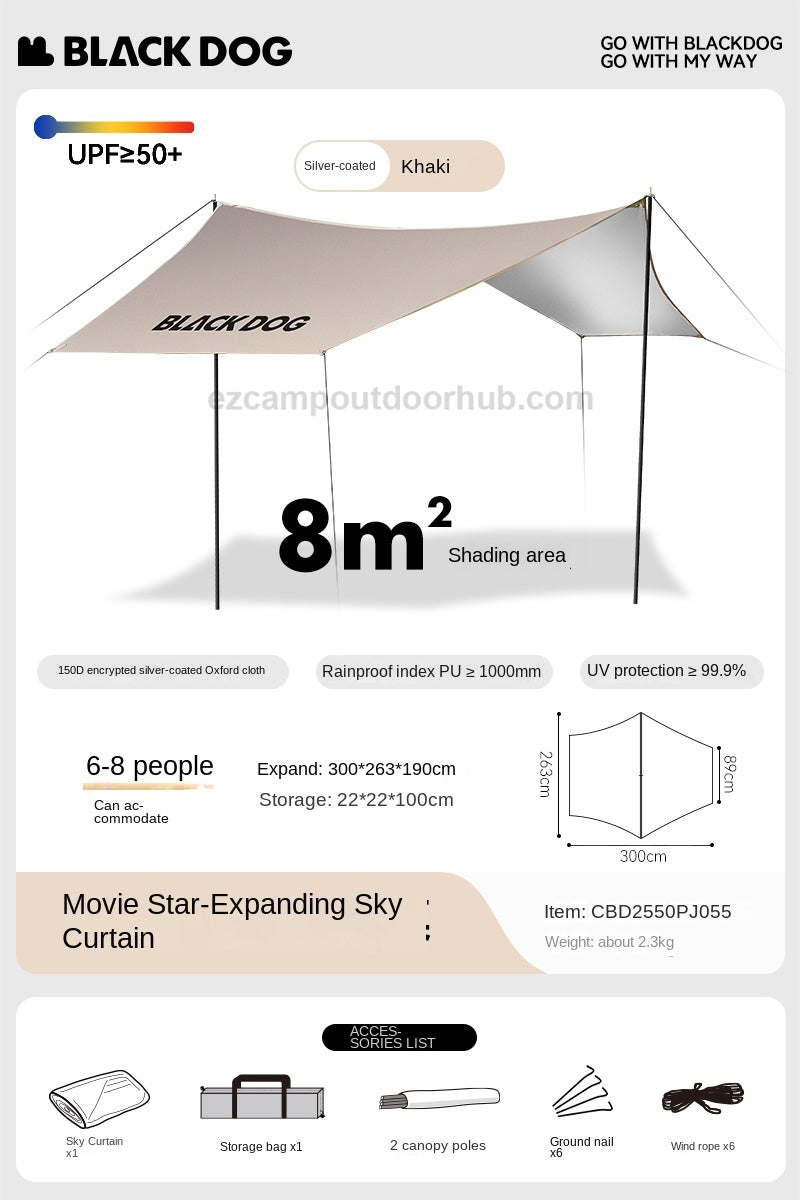 Blackdog MOVIE STAR Octagonal Automatic Tent Dome Style 4 Person Outdoor Camping Tent Up To 14.5m² Use Space Waterproof PU3000mm Black Vinyl Coated Sunscreen Black Khaki
