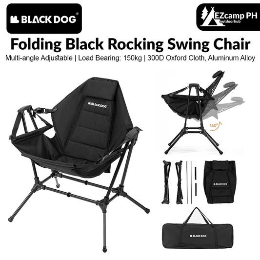 BLACKDOG Folding Black Rocking Swing Chair with Pillow 160° Portable Adjustable Lying Leisure Recliner 150kg Max Load Camping Hiking Travel Chair