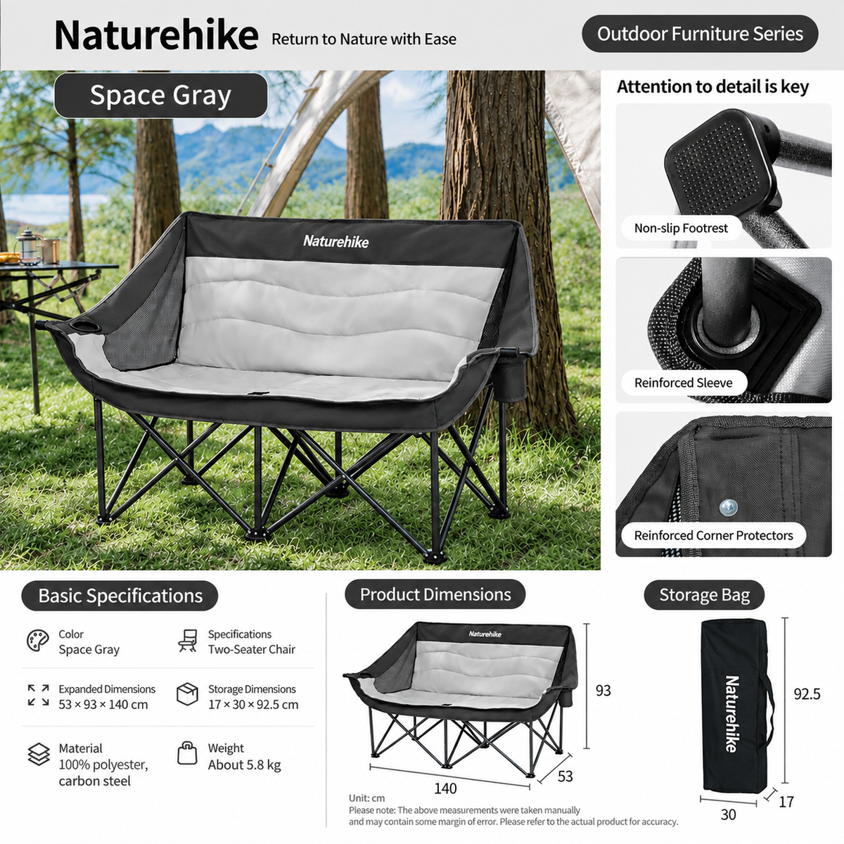 Naturehike COMFORT MAX Double Folding Chair Camping Portable Soft Padded Cushions 240kg Max Load