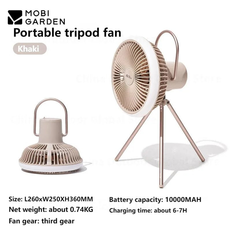 Mobi Garden BREEZE Portable Fan F2 Tripod Hanging Eletric Fan LED Lamp 10000mAh Battery Capacity up to 28H USB C Charging Desk Fan Rechargeable
