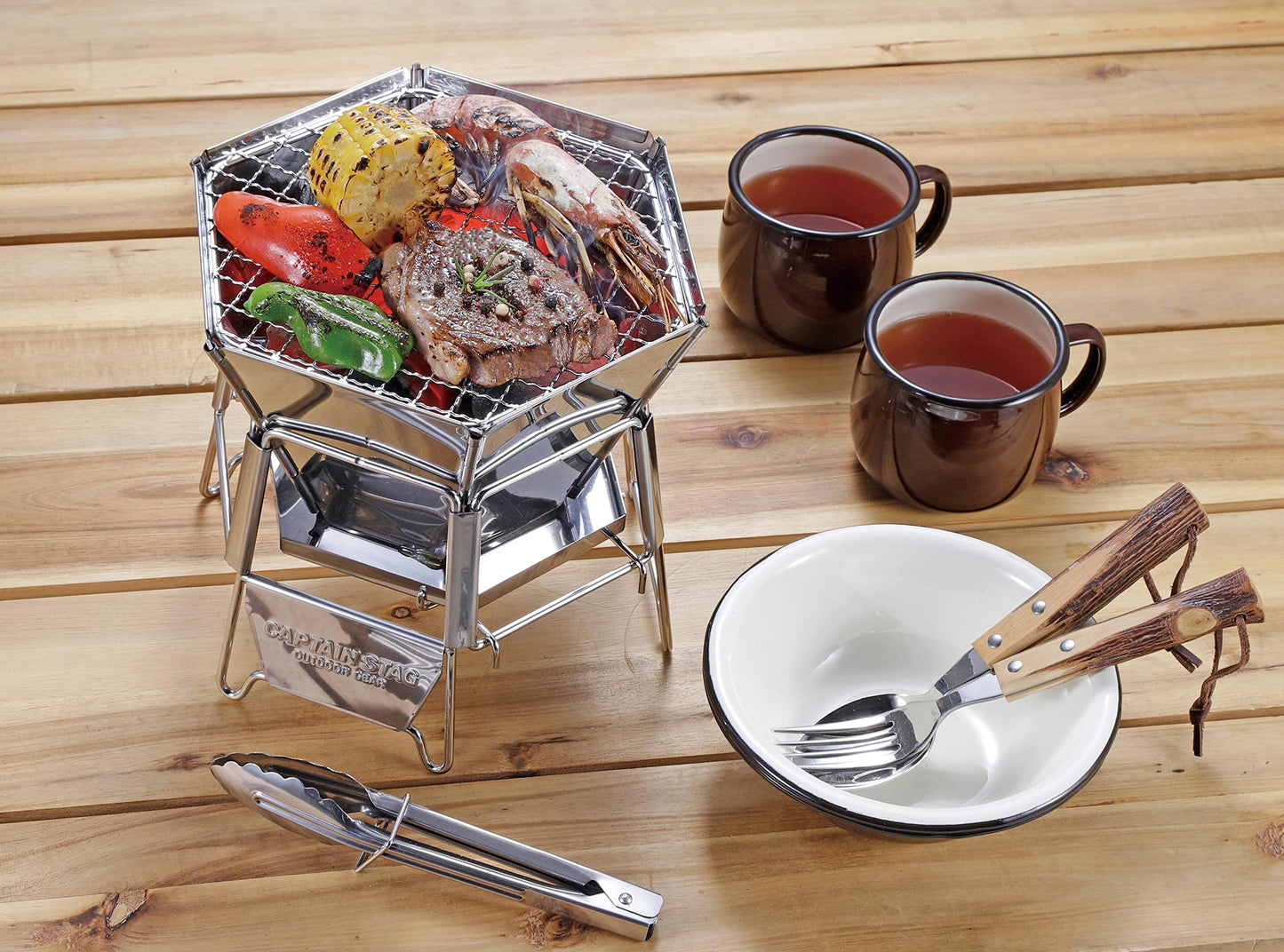 CAPTAIN STAG UG-0094 Hexa Tabletop Grill Small Foldable Stainless Steel Hexagonal Grill Charcoal Firewood Folding BBQ Burner Stove
