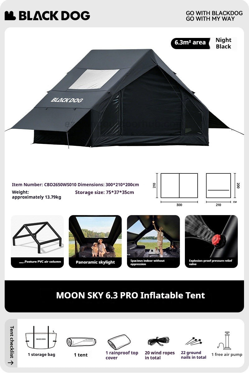 BLACKDOG MOON SKY 6.3 PRO Black Inflatable Spacious Family Tent 4-6 Persons Rainproof and Sunproof Overnight Oxford Cloth Outdoor Camping