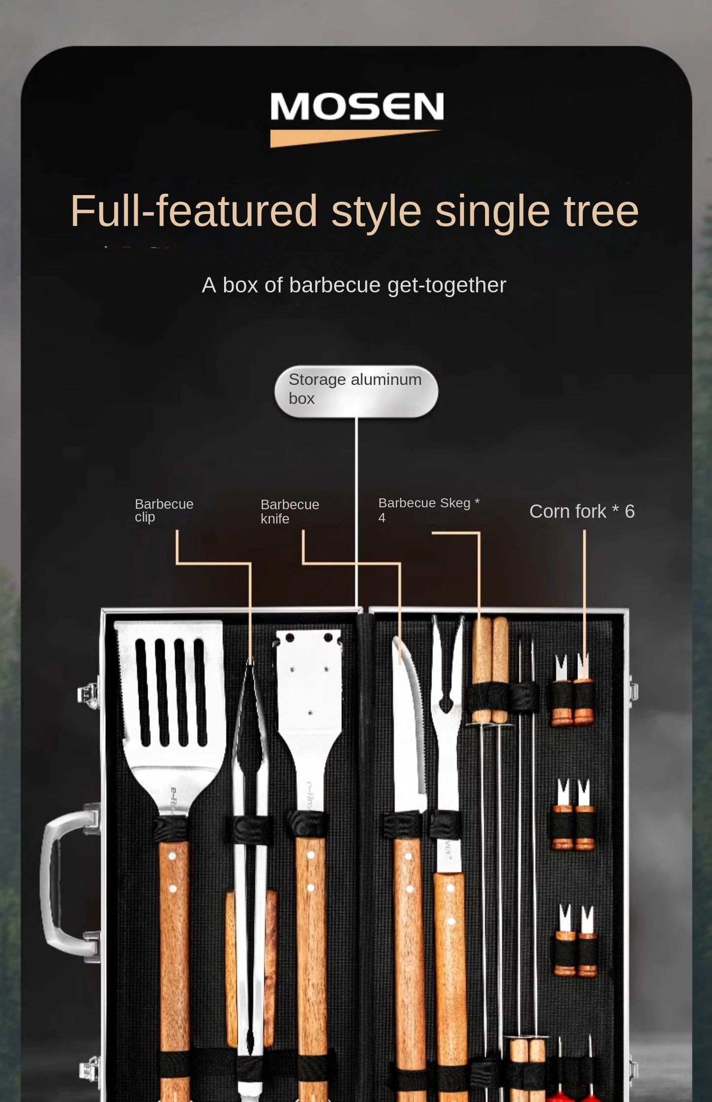 Redfox E-Rover 18pcs BBQ Tool Set Portable Lightweight Multifunctional Barbecue Grill Utensil Spatula Tong Clip Skewer Knife With Elegant Case Outdoor Camping Cooking Accessories Set