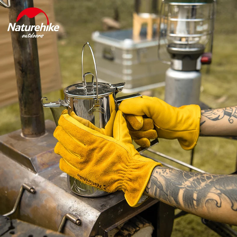 Naturehike Cowhide Leather Outdoor Working Gloves Camping Barbecue Chop Wood Gardening BBQ Heat Wear and Tear Resistant Breathable Comfortable Glove