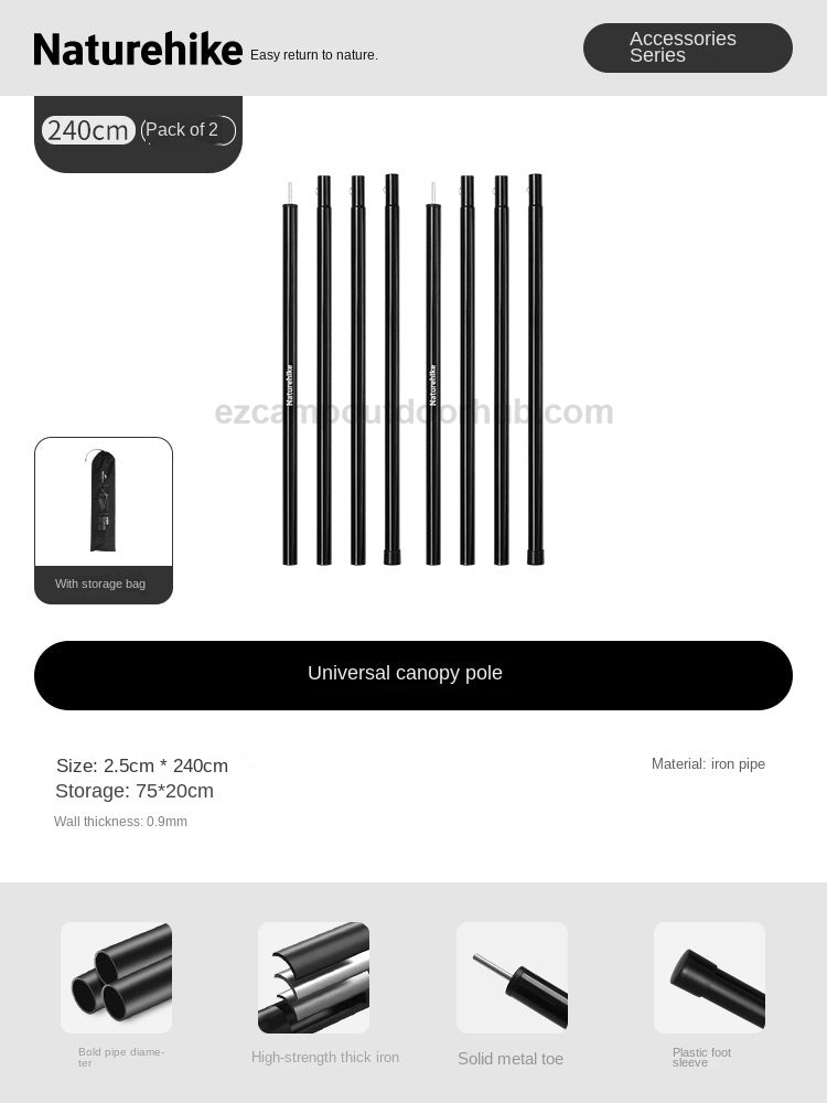 Naturehike 2pcs Universal Black Canopy Pole Set Multipurpose Awning Tent Tarp Canopy Rod Steel Iron 3/4 Section 1.5m 1.7m 1.9m 2.1m 2.4m Length