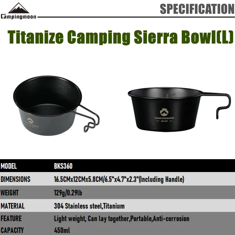 CAMPINGMOON BKS Series Black Stainless Steel Sierra Bowl Beer Coffee Tea Mug Shot Glass Titanium Coated Shera Hanging Cup Stackable Storage Utensil