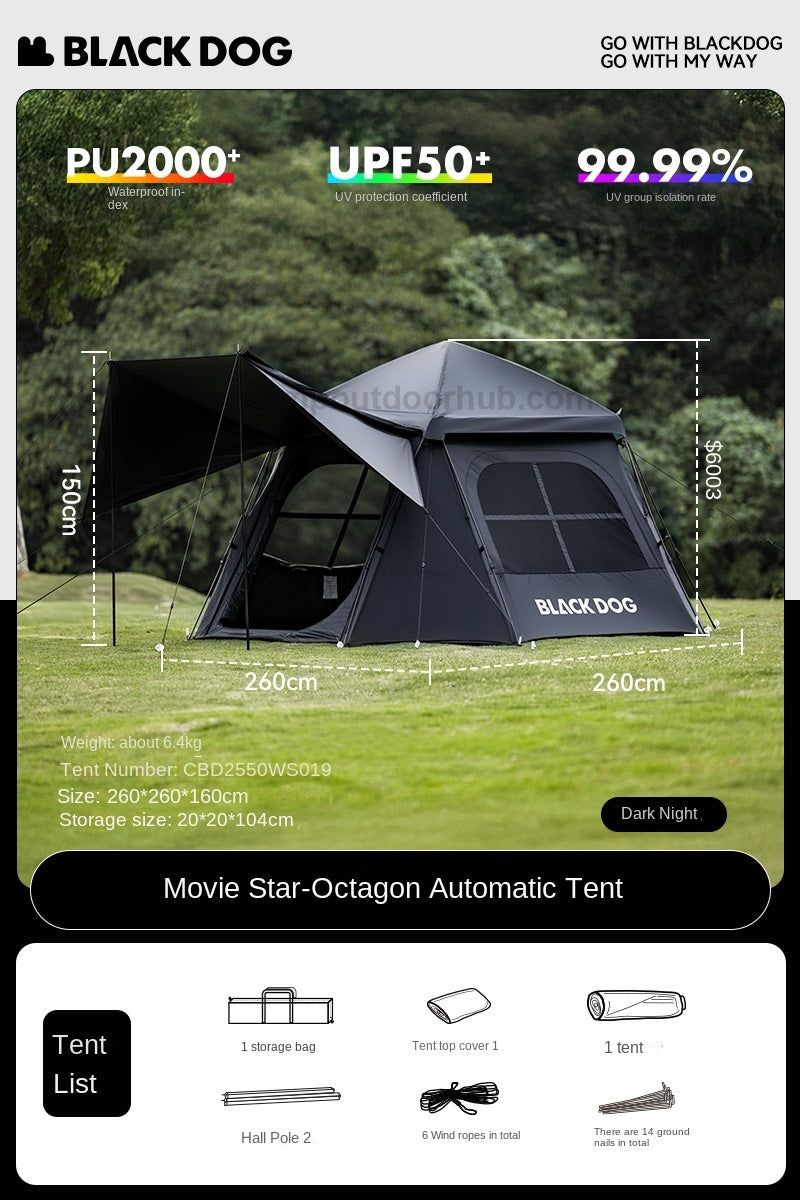 Blackdog MOVIE STAR Octagonal Automatic Tent Dome Style 4 Person Outdoor Camping Tent Up To 14.5m² Use Space Waterproof PU3000mm Black Vinyl Coated Sunscreen Black Khaki