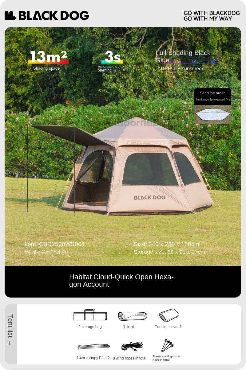 Blackdog COSMIC Hexagonal Automatic Tent 4 Person Dome Style Outdoor Black Vinyl Coated Sunscreen Waterproof Optional Extended Canopy Free Groundsheet