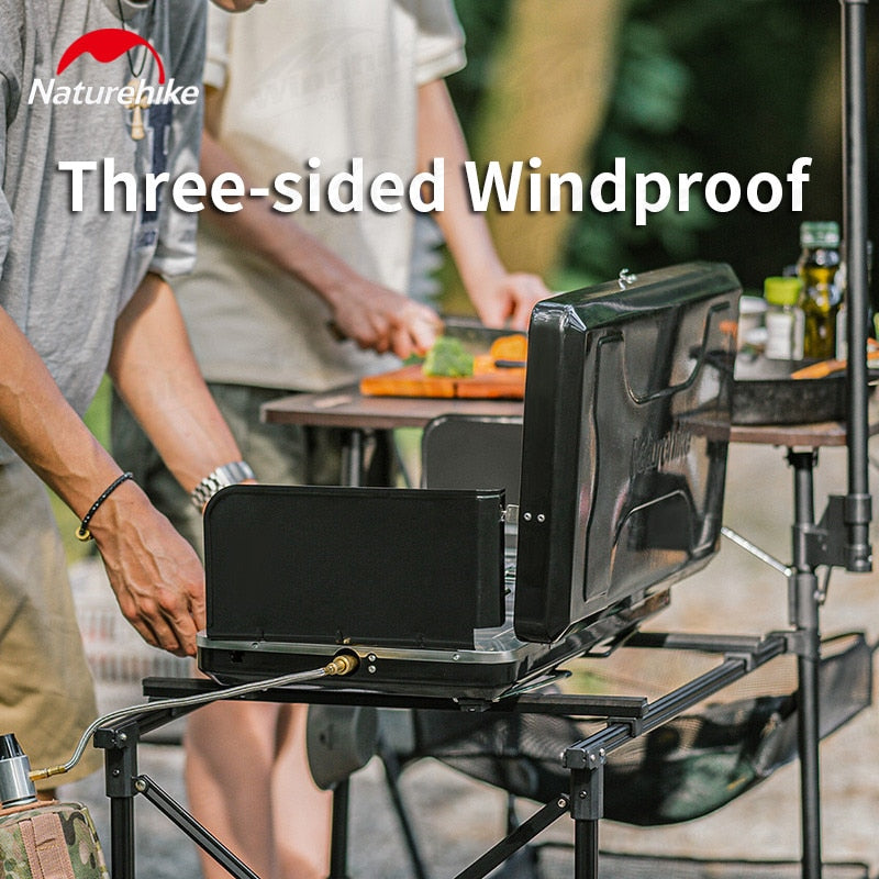 Naturehike Folding Double Camping Gas Stove Outdoor Portable Dual Head Butane Fuel 3000W Fire Power Burner with Foldable Wind Screen