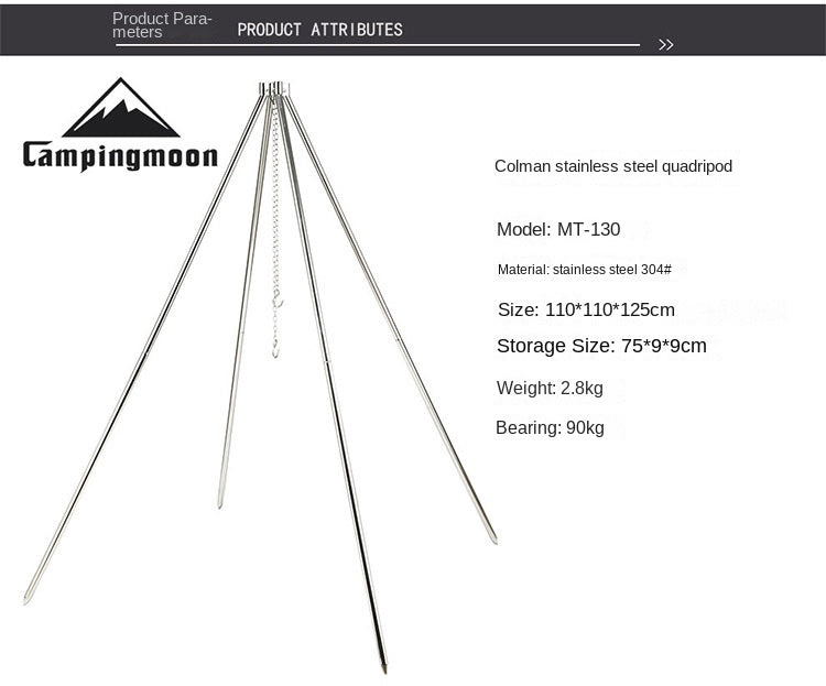 Campingmoon MT-130 Stainless Steel Quadpod Large Four-legged Dutch Pot Bracket Hanger Heavy Duty Cooking Tetrapod Hanging Pot Cookware Utensil