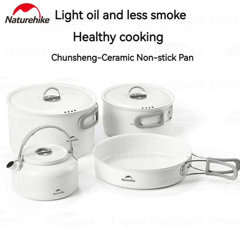Naturehike Ceramic Non-Stick Set Of Pots And Frying Pans Portable Tableware  Stackable Cookware Folding Handle Stainless Steel Aluminum Alloy