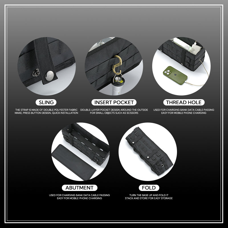 Campingmoon Black Table and Chair Side Storage Bag Outdoor Camping Tactical Design Portable Foldable Polyester Small Large Universal Armrest Hanging Side Pocket Bag Camping Moon BK-1212 BK-1235