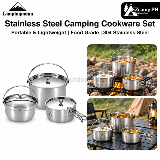Campingmoon Stainless Steel Camping Cookware Set Portable Lightweight Large Capacity Hanging Pot Single-Handed Draining Pot Home Outdoor Camping