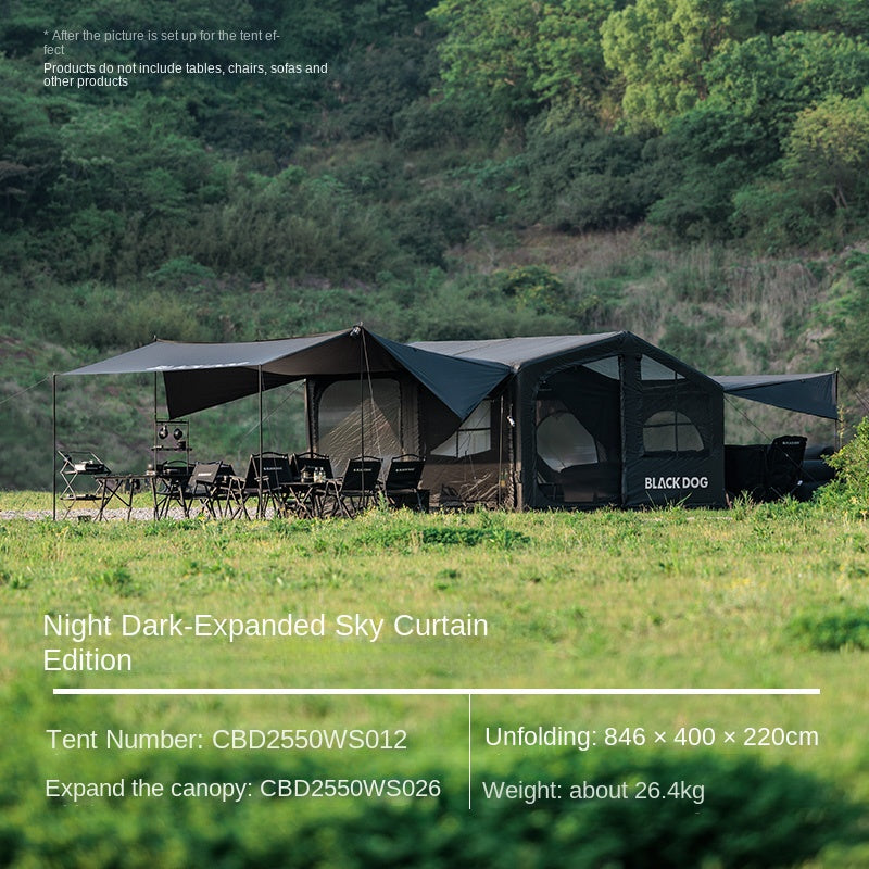 Blackdog BLACK SOAR AIR 12.0 Inflatable Cabin Style Tent Fast Build PVC Air Frames 210D Black Vinyl Coated Sunscreen Waterproof Panoramic View 6-8 Person