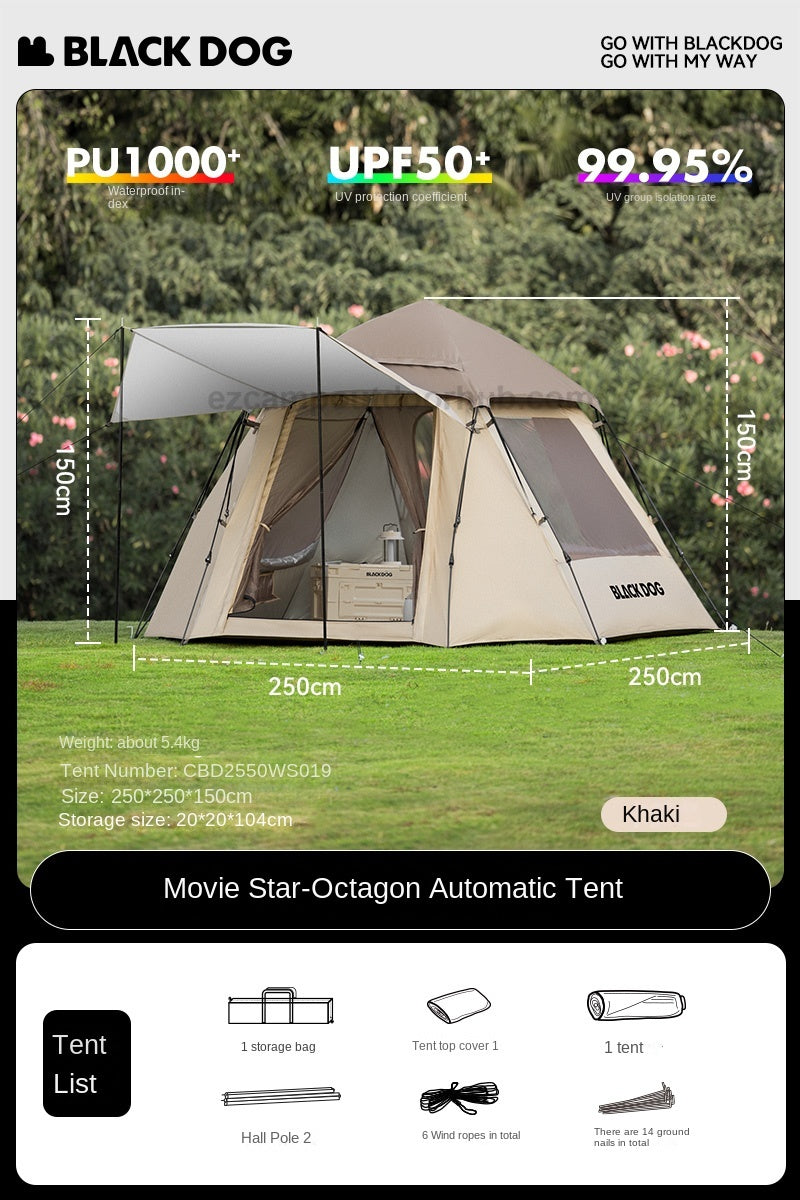 Blackdog MOVIE STAR Octagonal Automatic Tent Dome Style 4 Person Outdoor Camping Tent Up To 14.5m² Use Space Waterproof PU3000mm Black Vinyl Coated Sunscreen Black Khaki