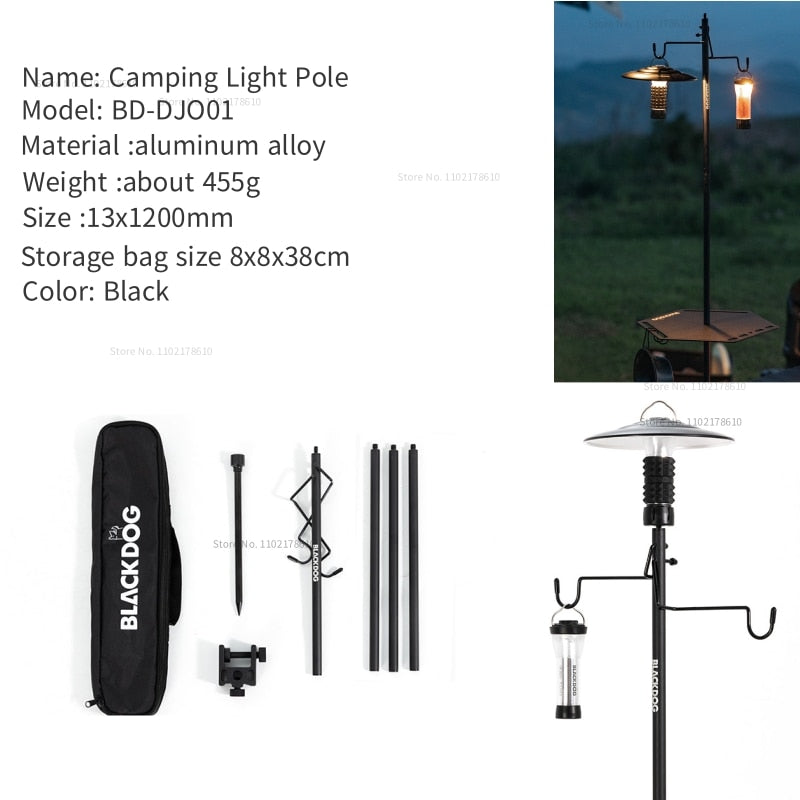 BLACKDOG by Naturehike Black Aluminum Lamp Post Portable Outdoor Camping 4 Section Light Pole Optional Hexagon Tray Ultralight Lantern Holder Bracket