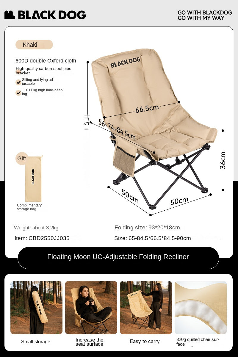 Blackdog FLOATING MOON Foam Padded Adjustable Recliner Folding Cotton Camping Lounge Chair Carbon Steel Leisure Outdoor Picnic Thicken