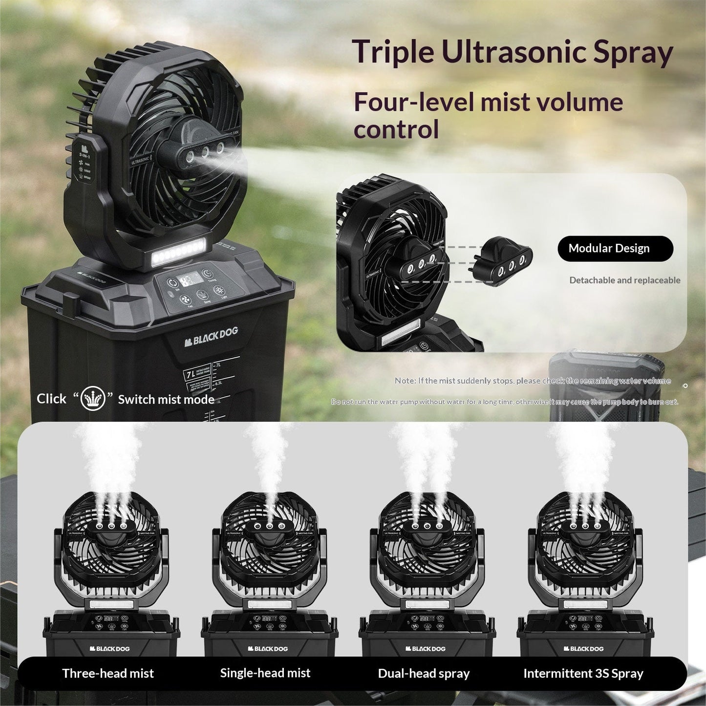 BLACKDOG BLACKOUT PRO Camping Fan Spray Fan Remote Control Water Tank Cooling Long Battery Life Table Fan Wall Fan Wide Area Coverage Outdoor