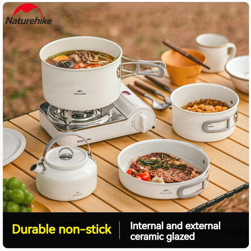 Naturehike Ceramic Non-Stick Set Of Pots And Frying Pans Portable Tableware  Stackable Cookware Folding Handle Stainless Steel Aluminum Alloy
