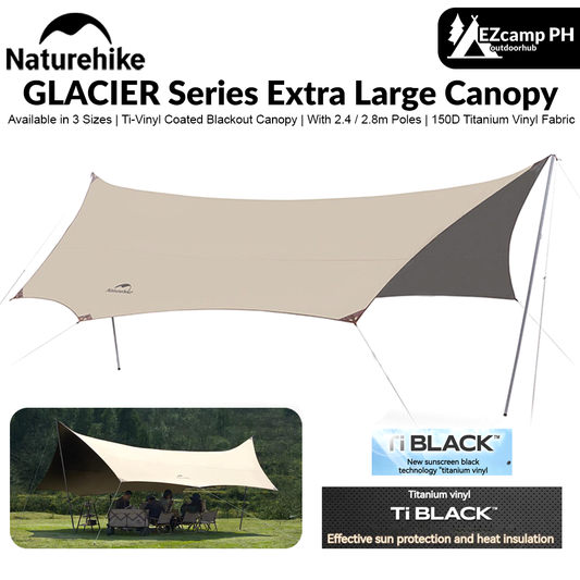 Naturehike Upgraded GLACIER Series Canopy 8-14 Persons Large Sunshade Cloth Titanium Vinyl Coated Blackout Tarp Tent with 2 Poles New Version