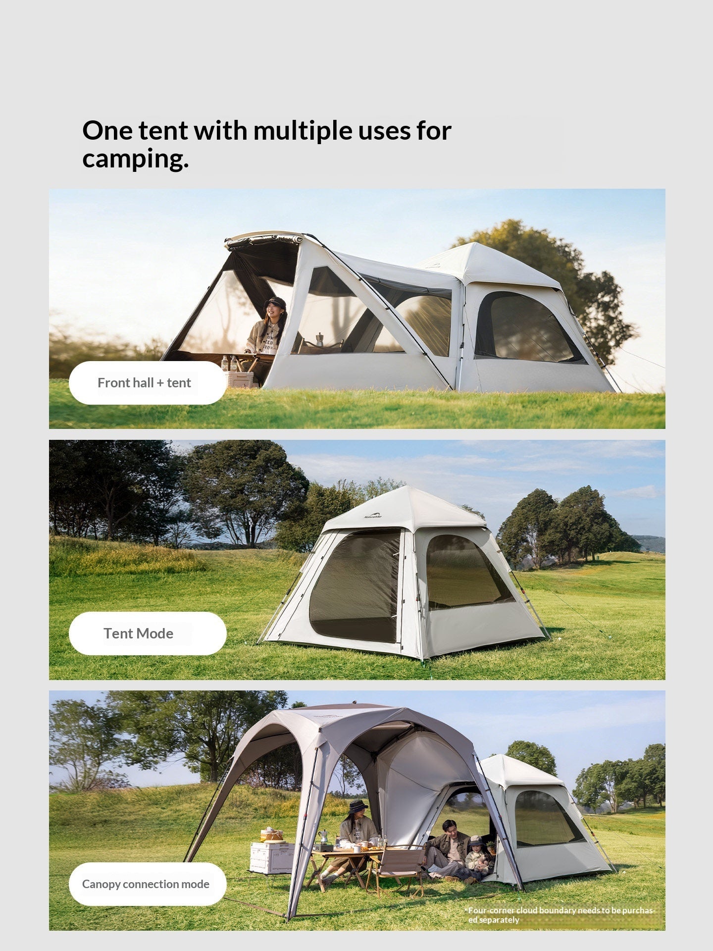 Naturehike ANGO 1BR/1LR Automatic Tent Fast Build Dome Style Tent Multiple Setting 1 Bedroom 1 Living Room for 4 Person Waterproof