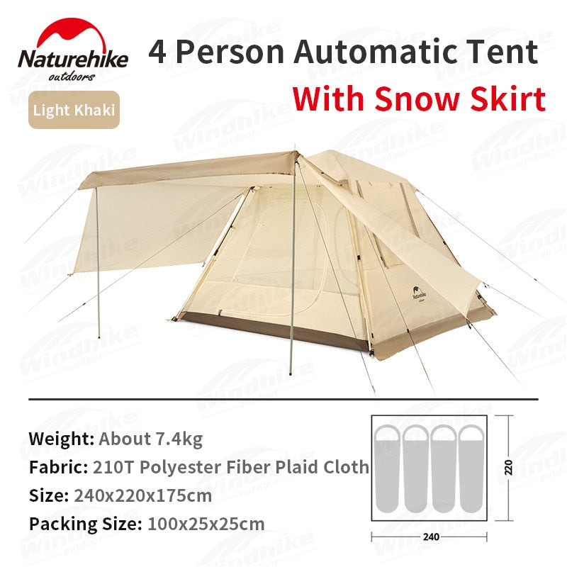 Naturehike ANGO 4 Person Automatic Pole Camping Tent Front Back Side Awning Canopy Snow Rain Skirt Auto Pop up Waterproof Family Outdoor Portable Foldable Folding