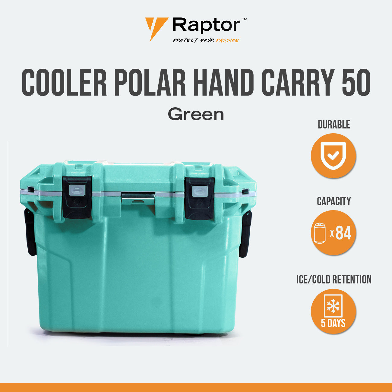 Raptor POLAR Series Cooler Hand Carry Multipurpose 50L Capacity Cold Storage Ice Box Food Container Chest Sloped Drain with Secure Plug Non-Skid Rubber Feet