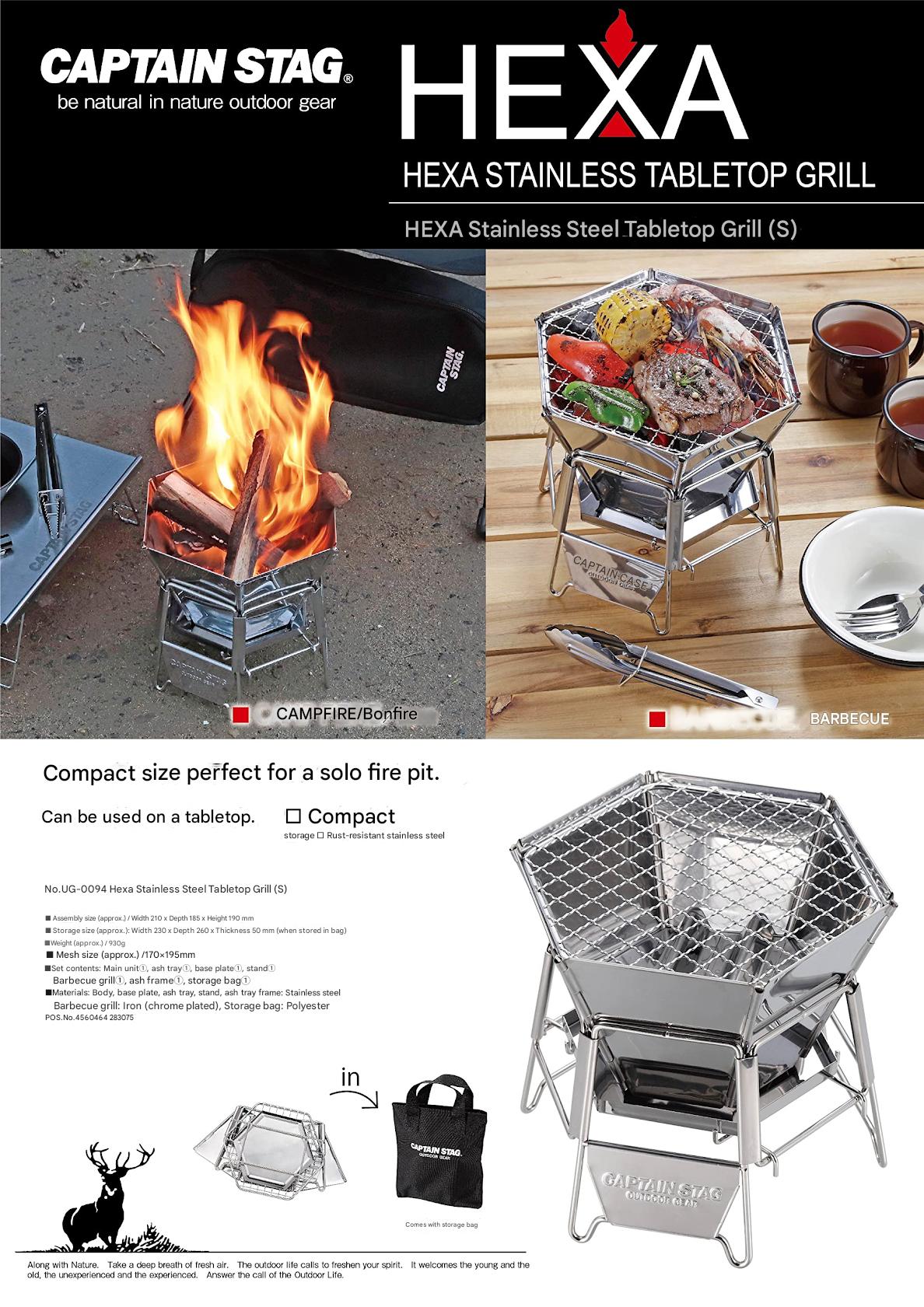 CAPTAIN STAG UG-0094 Hexa Tabletop Grill Small Foldable Stainless Steel Hexagonal Grill Charcoal Firewood Folding BBQ Burner Stove